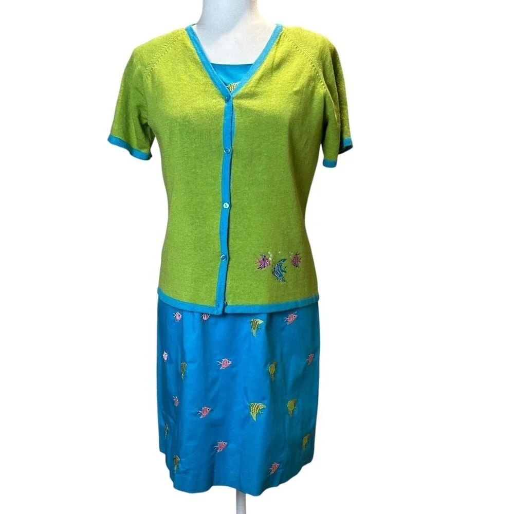 Vintage Tropical Dress Cardigan‎ Set Women 8 Embroidered Fish Cruise Resort Wear